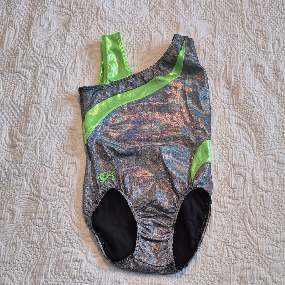 GK Adult Small silver and lime shimmery dance gymnastics leotard, foil VGUC